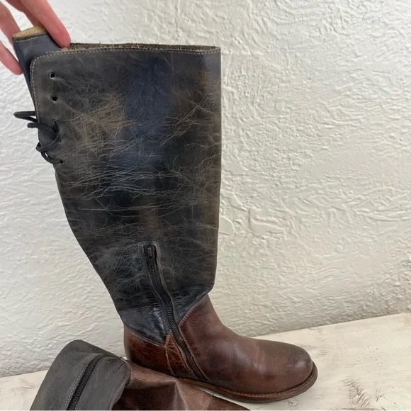 Bed Stu Boots Leather Manchester Knee Hi Lace up Brown Black Distressed 8.5